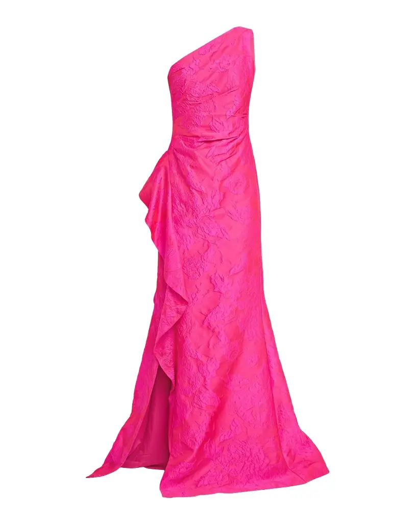 Rickie Freeman for Teri Jon Draped One-Shoulder Jacquard Mermaid Gown