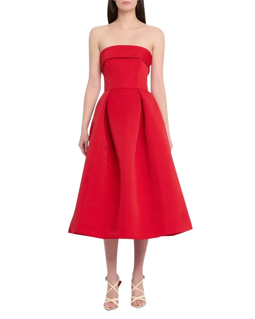 Amsale Foldover Strapless Faille Pleated Midi Dress