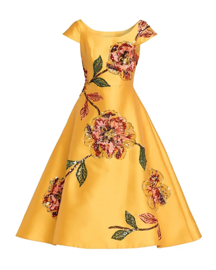 Amsale Floral Embellished Mikado Tea-Length Dress