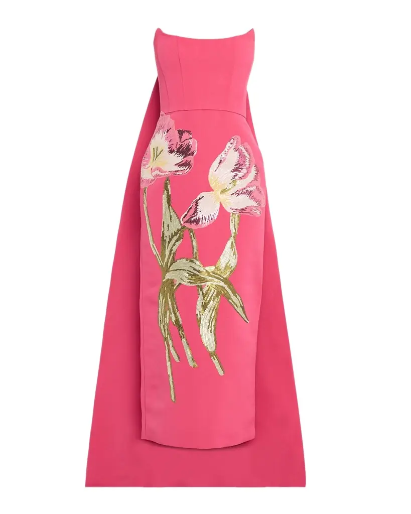 Amsale Strapless Sequined Floral Cape Column Gown