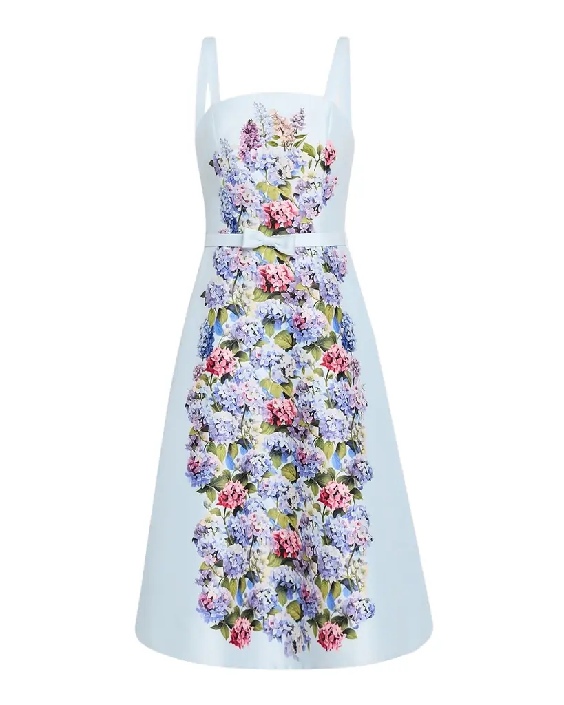 Rickie Freeman for Teri Jon Sleeveless Floral-Print Mikado Midi Dress