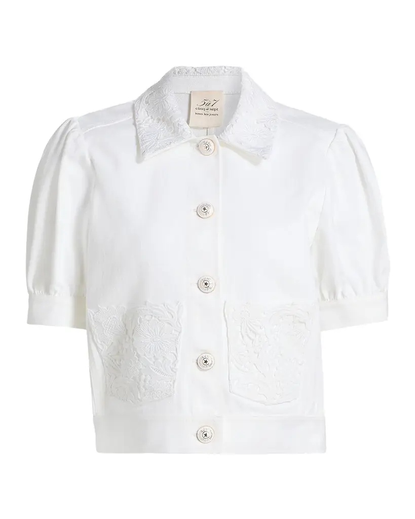 Cinq a Sept Short-Sleeve Lace Denim Jacket