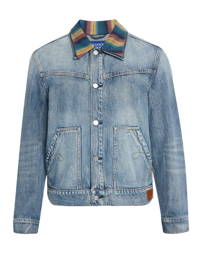 Scotch & Soda Men 's Multicolor-Collar Washed Denim Jacket