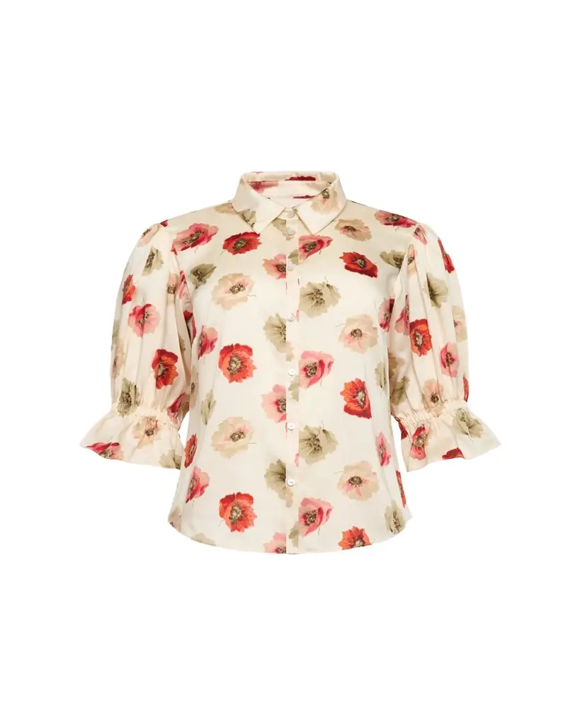 Cinq a Sept Floating Poppies Puff-Sleeve Silk Shirt
