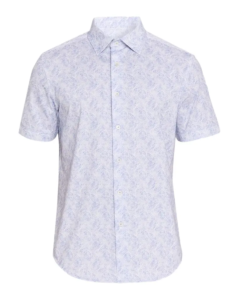 Bugatchi Men 's Miles OoohCotton Leaf Print 8-Way Stretch Short-Sleeve Shirt