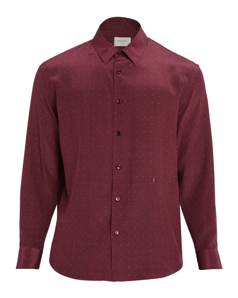 Saint Laurent Men 's Micro-Printed Silk Sport Shirt with Small Cassandre