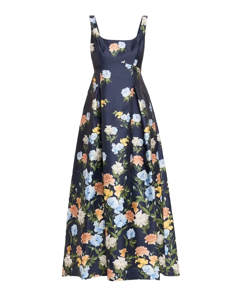 Sachin & Babi Aurora Pleated Floral-Print Mikado Gown