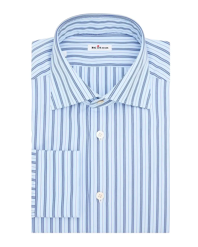Kiton Men 's Varigated Stripe Cotton Dress Shirt with Mother-of-Pearl Buttons