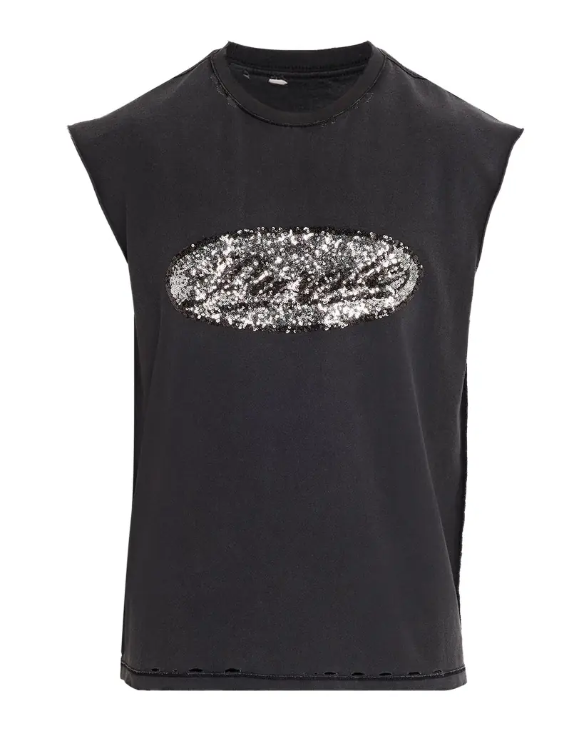 PURPLE Men 's Sequin-Logo Distressed Cotton Tank Top