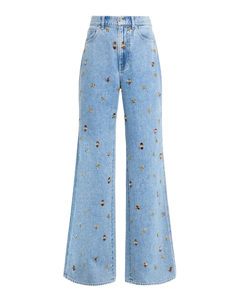 Veronica Beard Kasey Embellished Denim Mid-Rise Wide-Leg Jeans