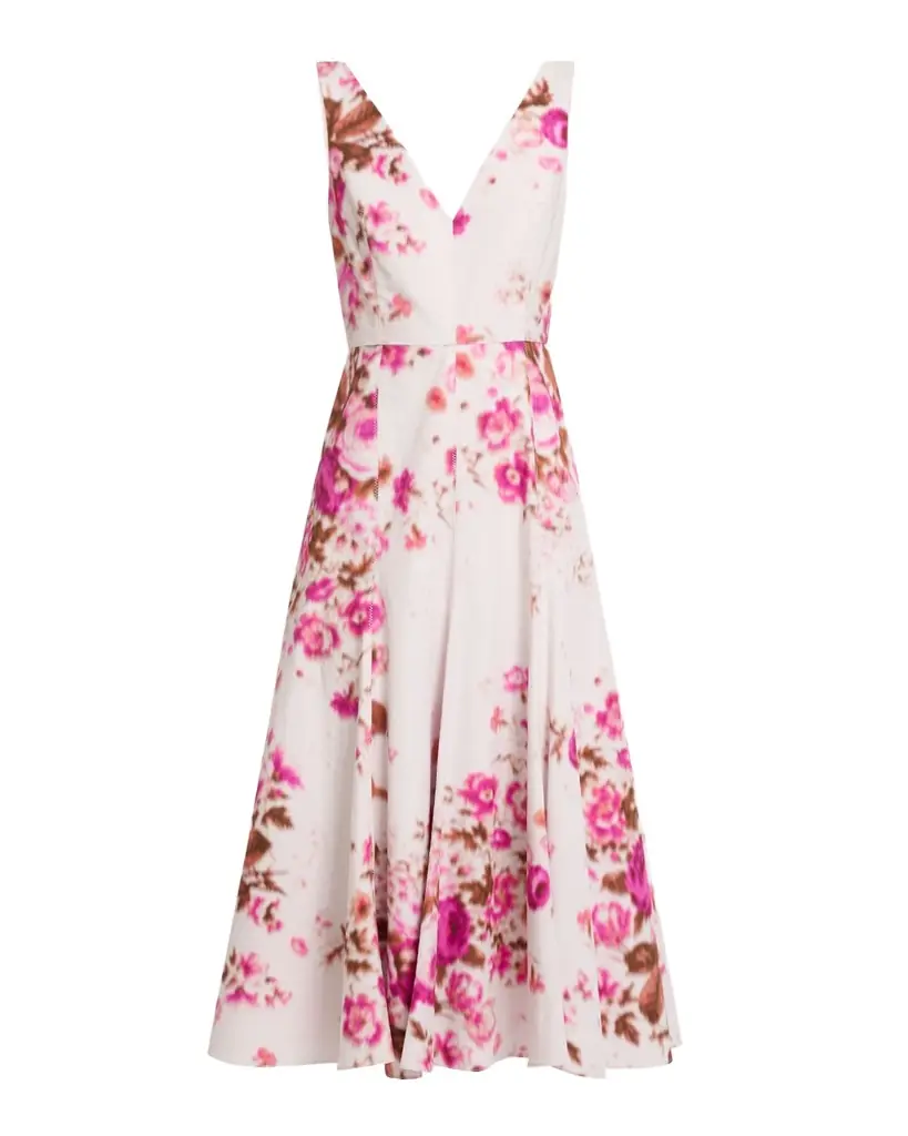 Erdem Floral Print Cotton Sleeveless V-Neck Midi Dress