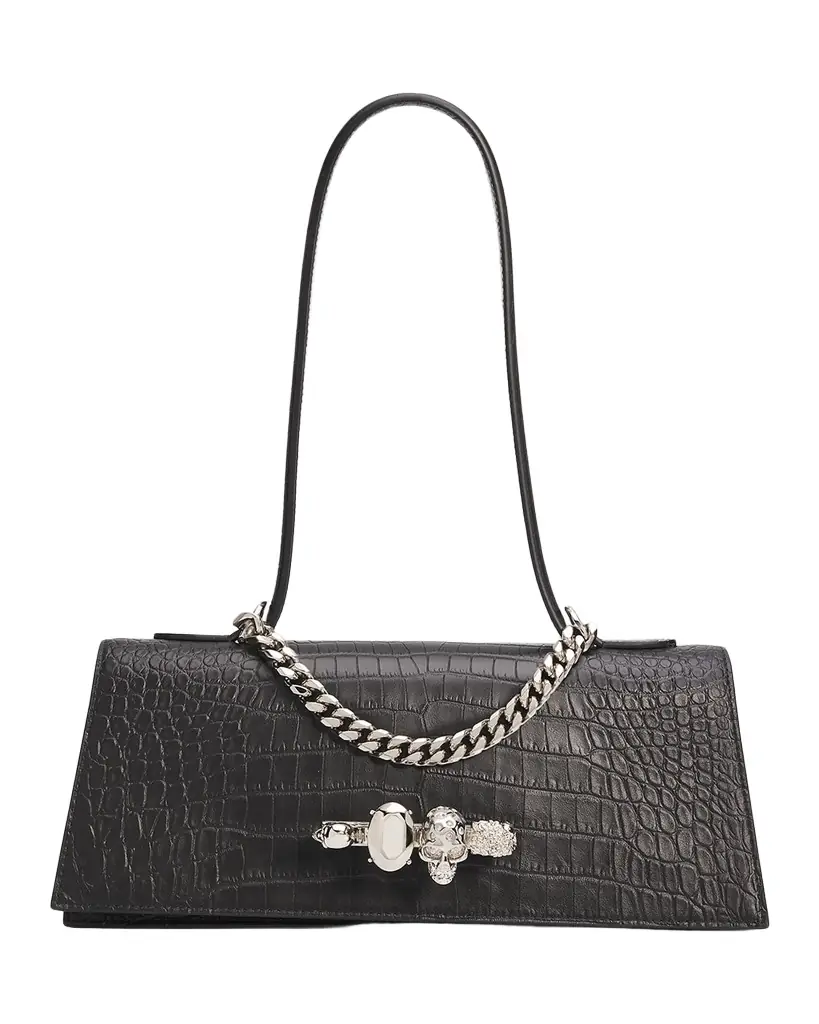 McQueen Croc-Embossed Jeweled Shoulder Bag