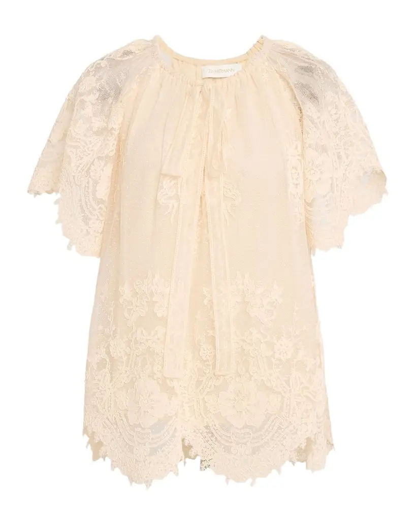 Zimmermann Luna Floral Lace Flutter-Sleeve Blouse