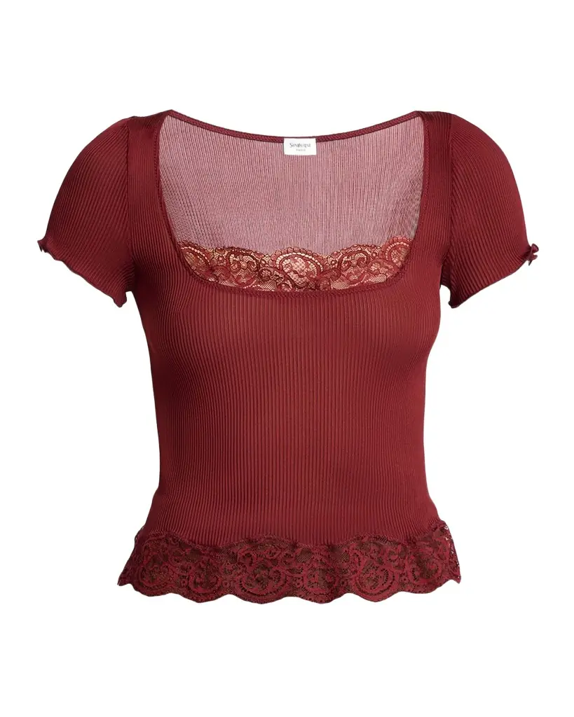 Saint Laurent Ribbed Silk Jersey Square-Neck Top with Lace-Trim