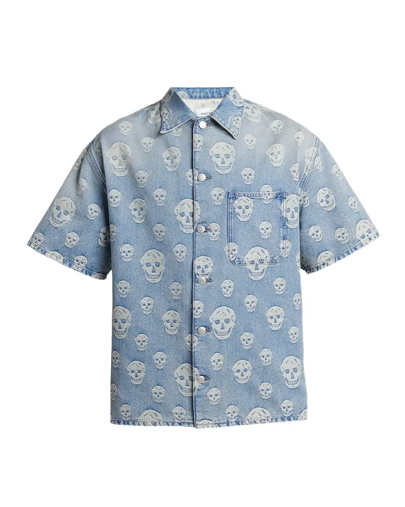 McQueen Men 's Denim Allover Skull Short-Sleeve Shirt