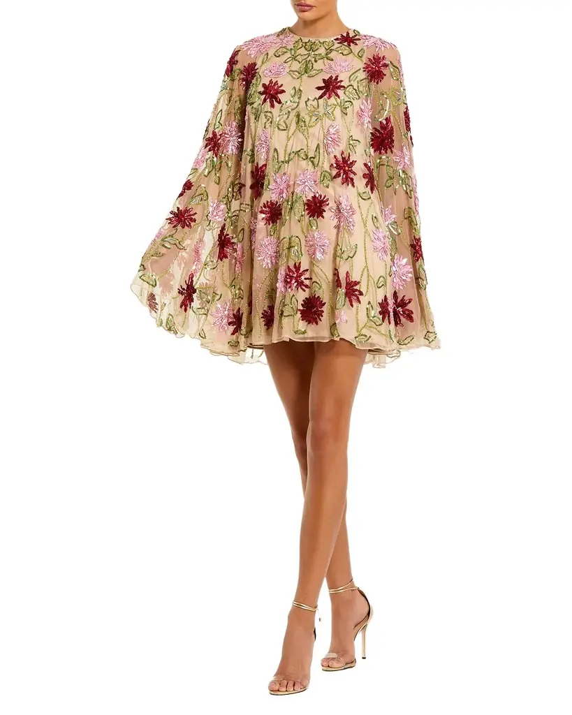 Mac Duggal Cocktail Embellished Floral Mesh Cape Minidress