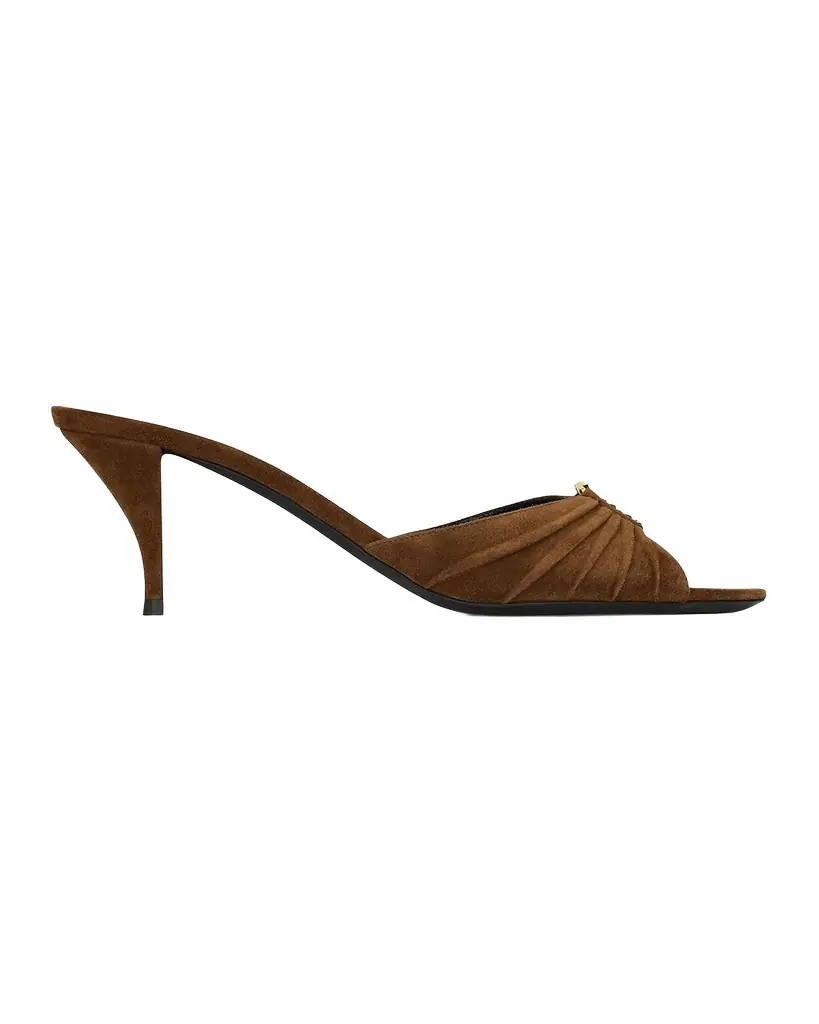 Saint Laurent 60mm Babylone YSL Ruched Suede Mule Sandals
