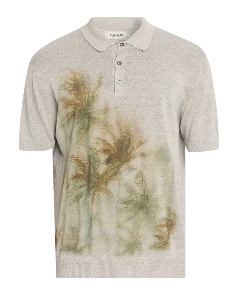 Bugatchi Men 's Palm Linen and Cotton Short-Sleeve Polo Sweater