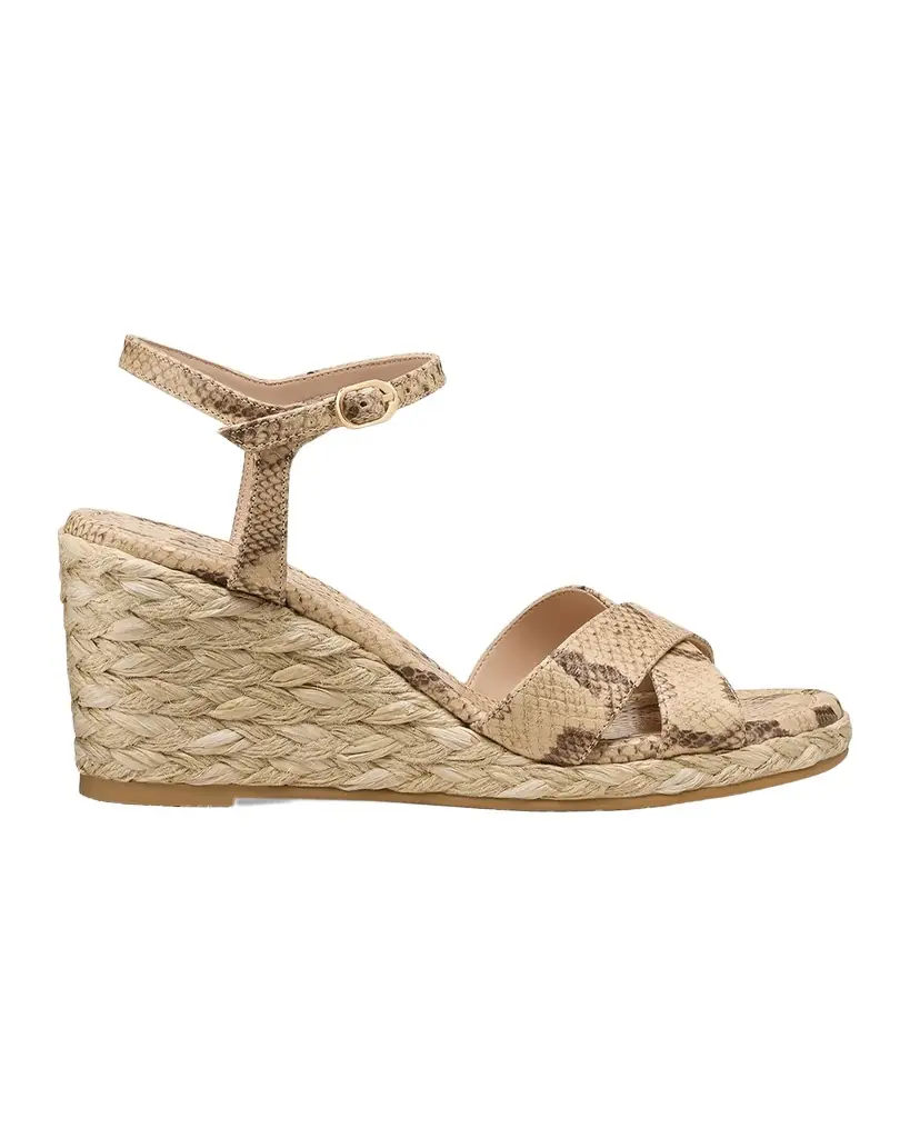 Stuart Weitzman 65mm Dayna Snake-Printed Leather Espadrille Wedge Sandals