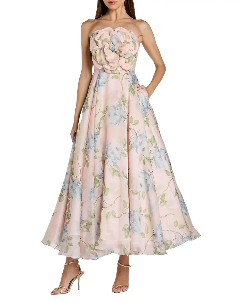 Mac Duggal Floral Organza A-Line Strapless Cocktail Dress
