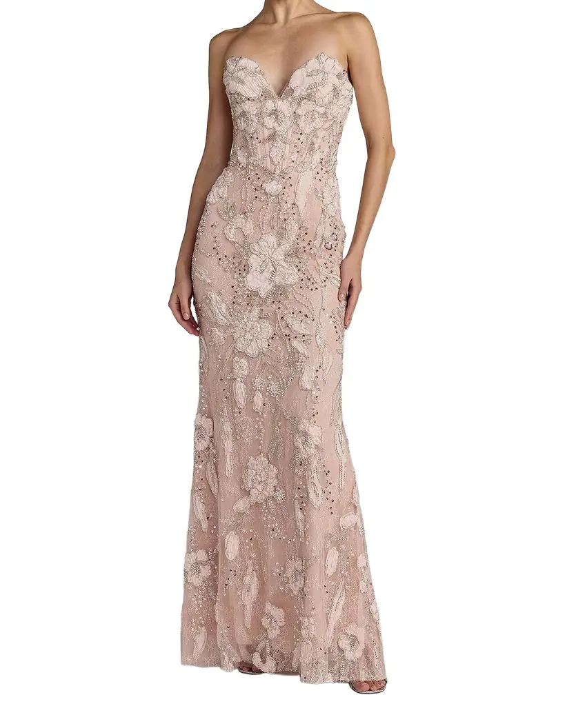 Mac Duggal Floral Embellished Mesh Strapless Column Gown