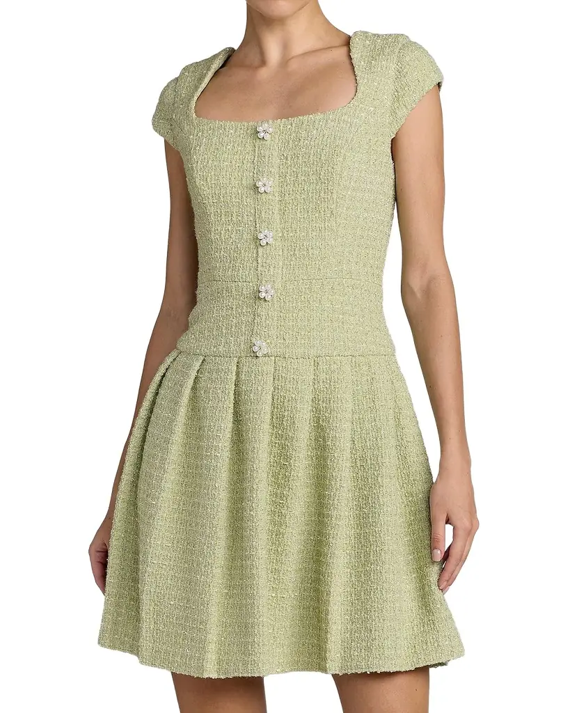 Mac Duggal Bouclé Pleated Square-Neck Minidress