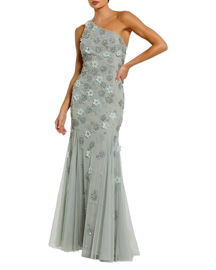 Mac Duggal Floral Appliqué One-Shoulder Gown