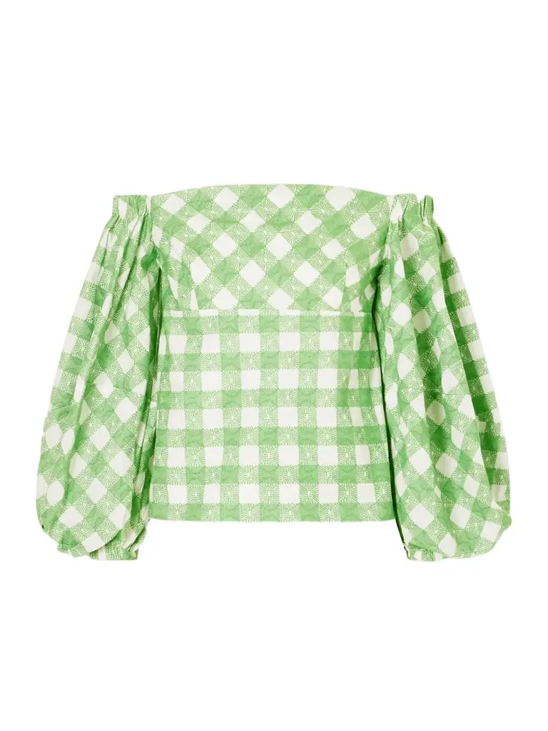 Rosie Assoulin Empire Balloon Off-the-shoulder Checked Cotton Blouse