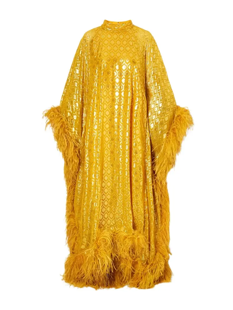 Taller Marmo Casta Diva Feather-trimmed Jacquard-knit Metallic Fil Coupé Silk-blend Gown