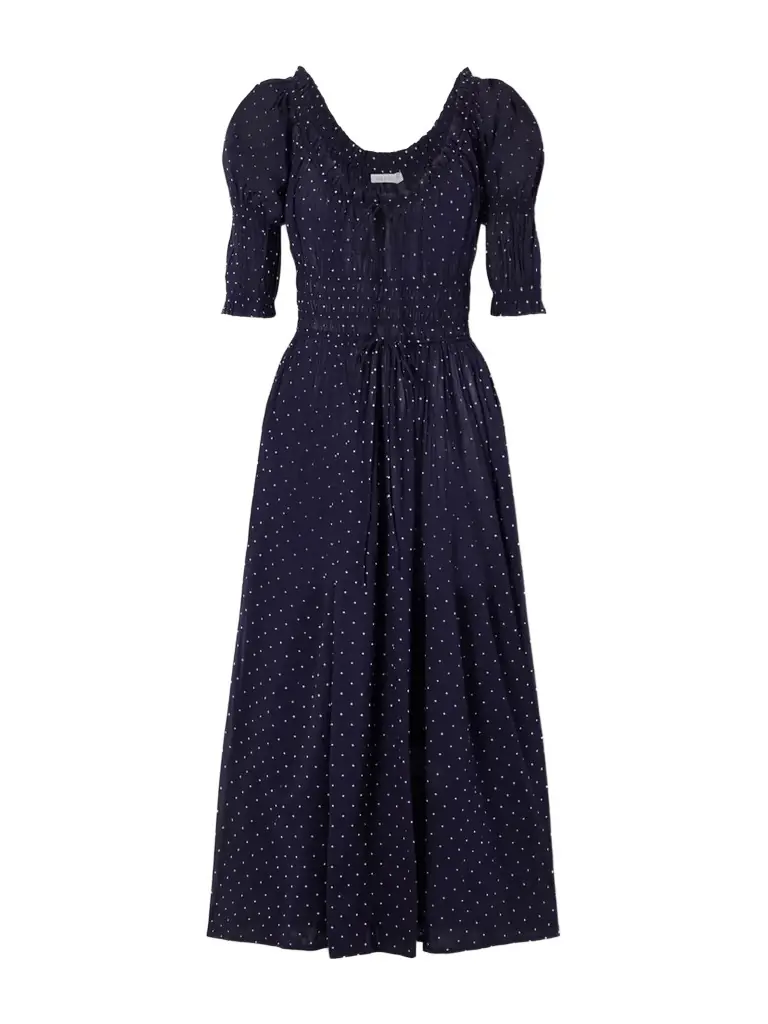 DÔEN Ischia Shirred Polka-dot Organic Cotton-voile Midi Dress