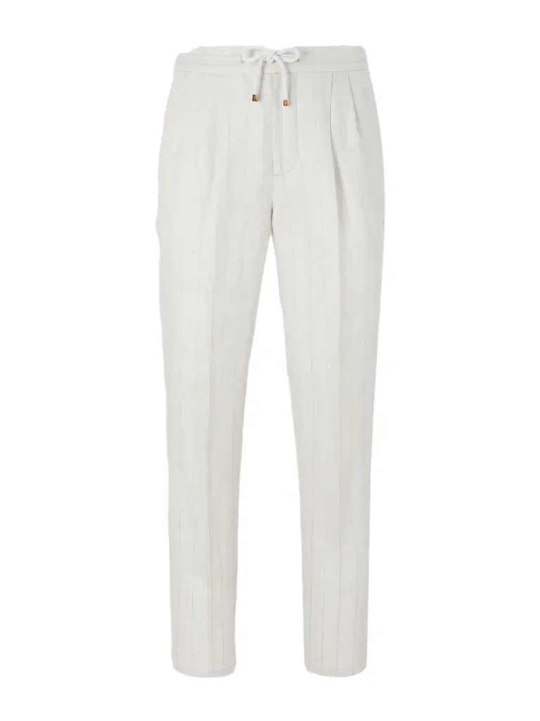 Brunello Cucinelli Straight-Leg Pinstriped Pleated Linen Trousers - Men