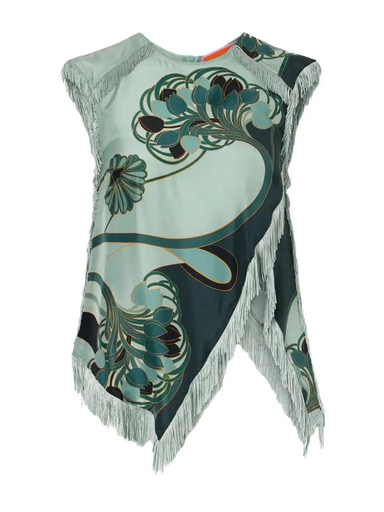 La DoubleJ Fringed Printed Silk-satin Blouse