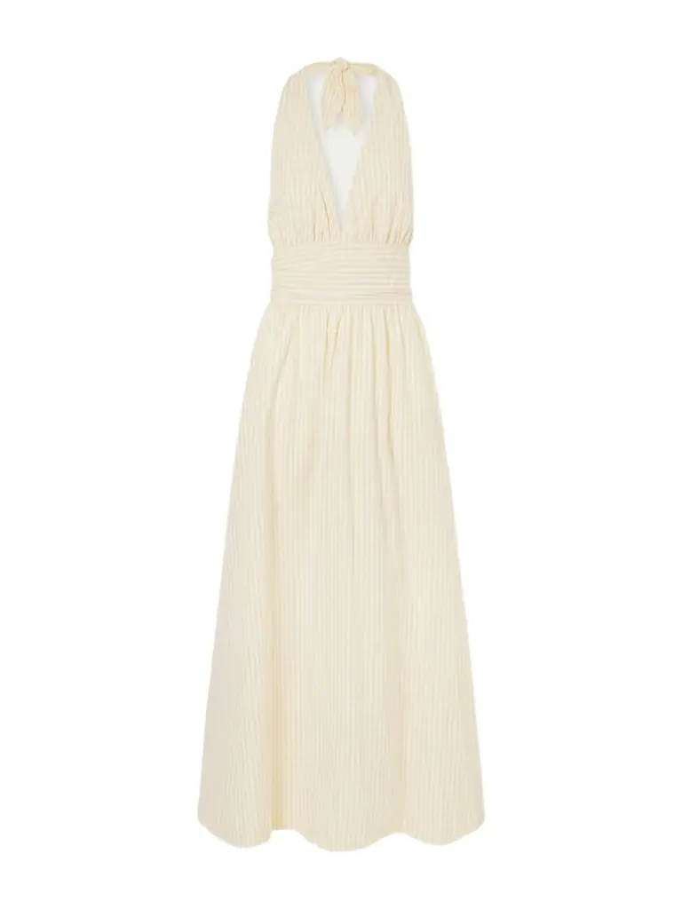 Faithfull Lido Gathered Checked Cotton Halterneck Maxi Dress