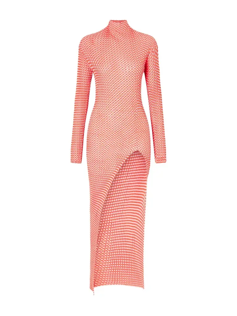 Jean Paul Gaultier Asymmetric Checked Ribbed-knit Midi Dress