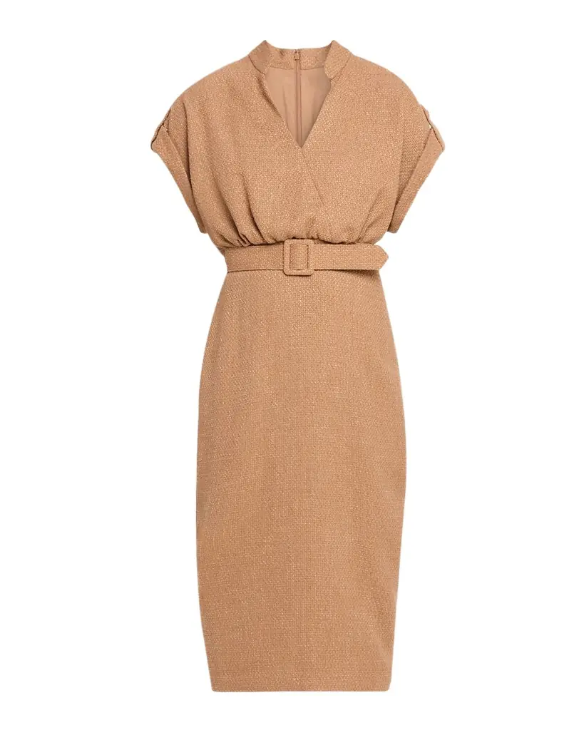 Badgley Mischka Belted Bodycon Tweed Midi Dress