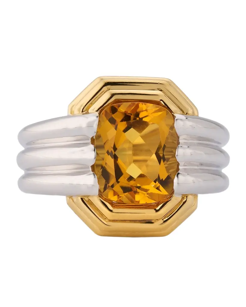 NM Estate Estate 18K Yellow Gold and White Gold Citrine Grooved Ring, Size 7.75