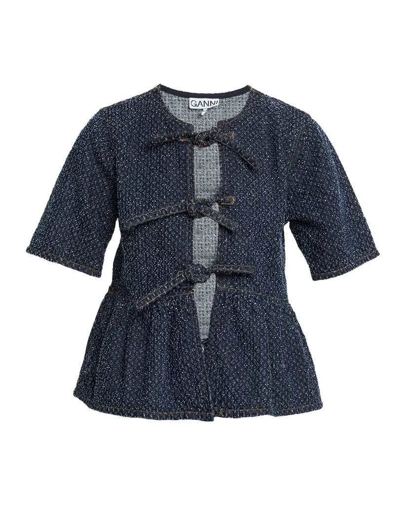 Ganni Tie-Front Tweed Denim Peplum Top