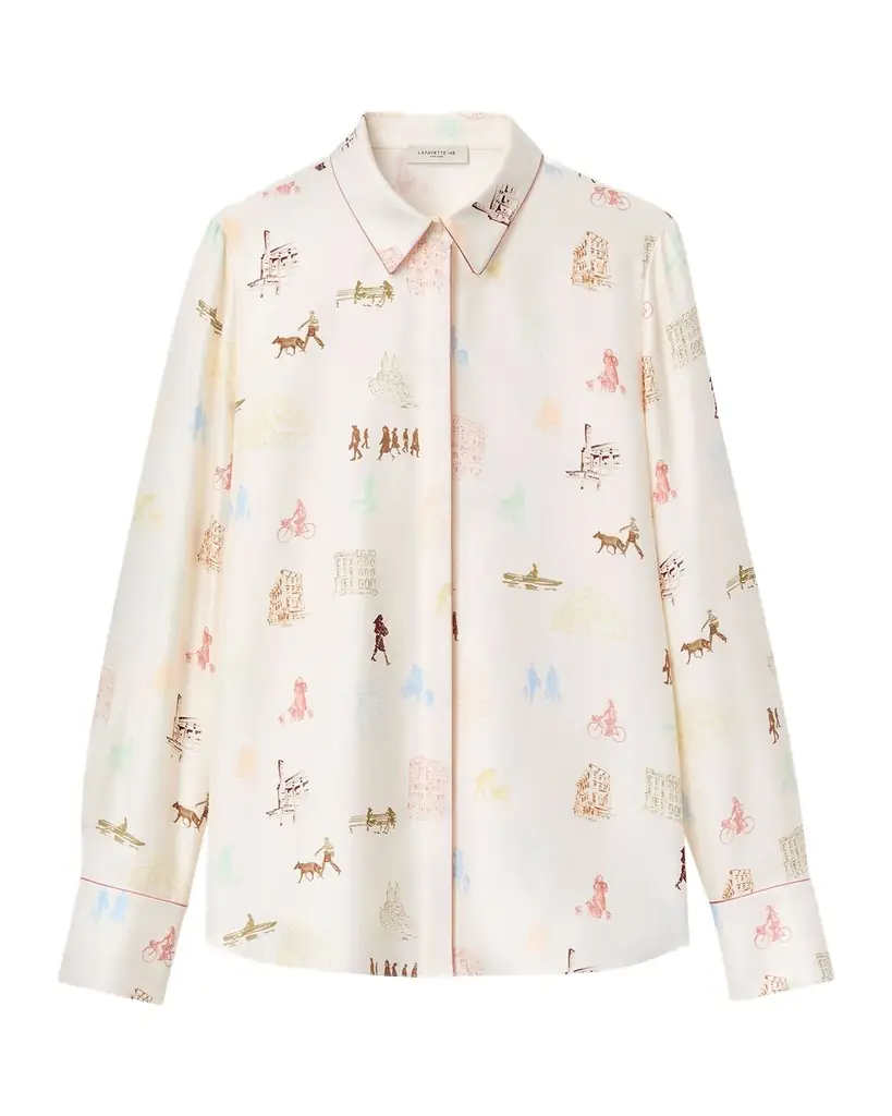 Lafayette 148 New York Scottie Manhattan-Print Silk Twill Blouse