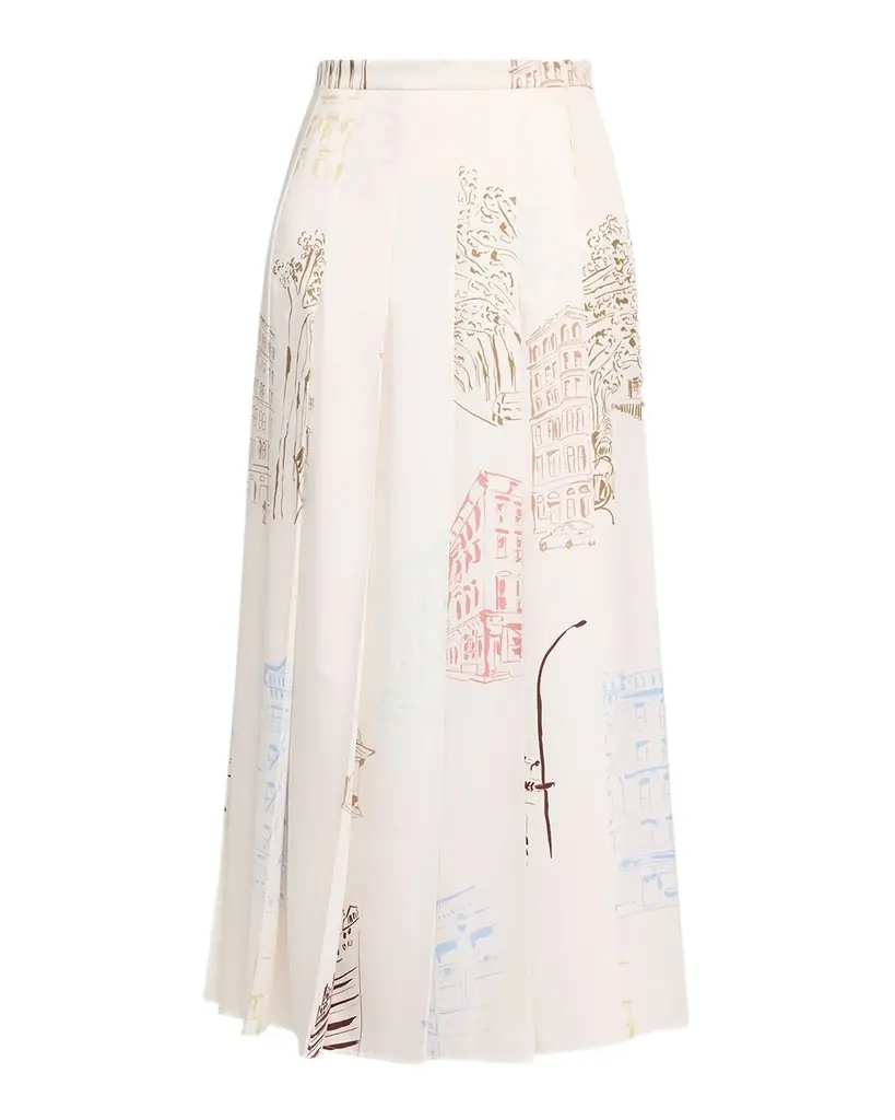 Lafayette 148 New York Pleated Manhattan-Print Fluid Twill Midi Skirt