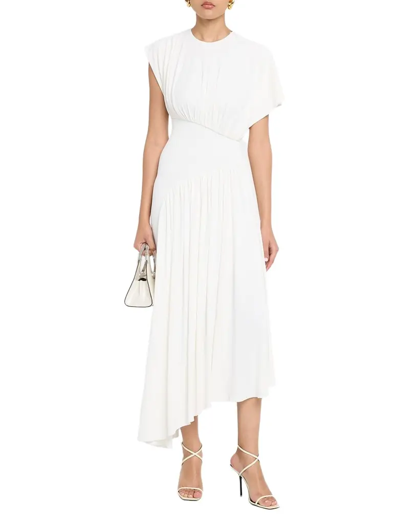 Rabanne Long Ruched Asymmetric Jersey Dress