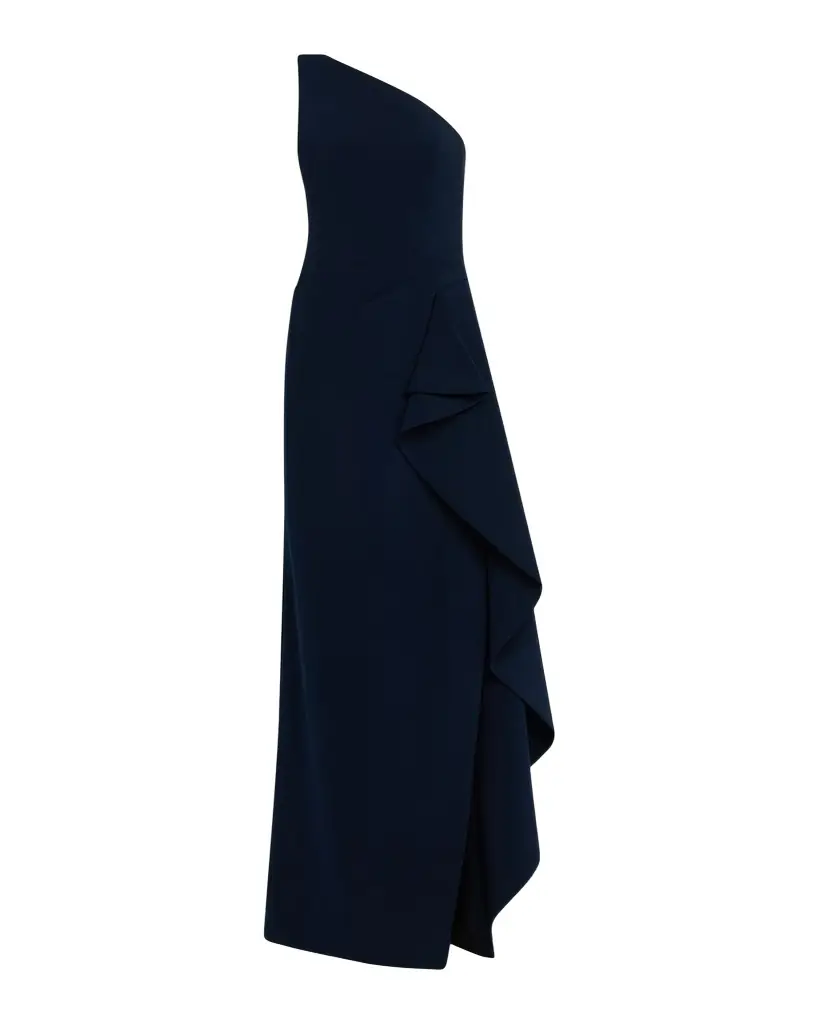Rickie Freeman for Teri Jon One-Shoulder Ruffle Crepe Gown