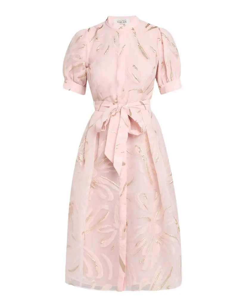 Rickie Freeman for Teri Jon Puff-Sleeve Metallic Organza Midi Dress