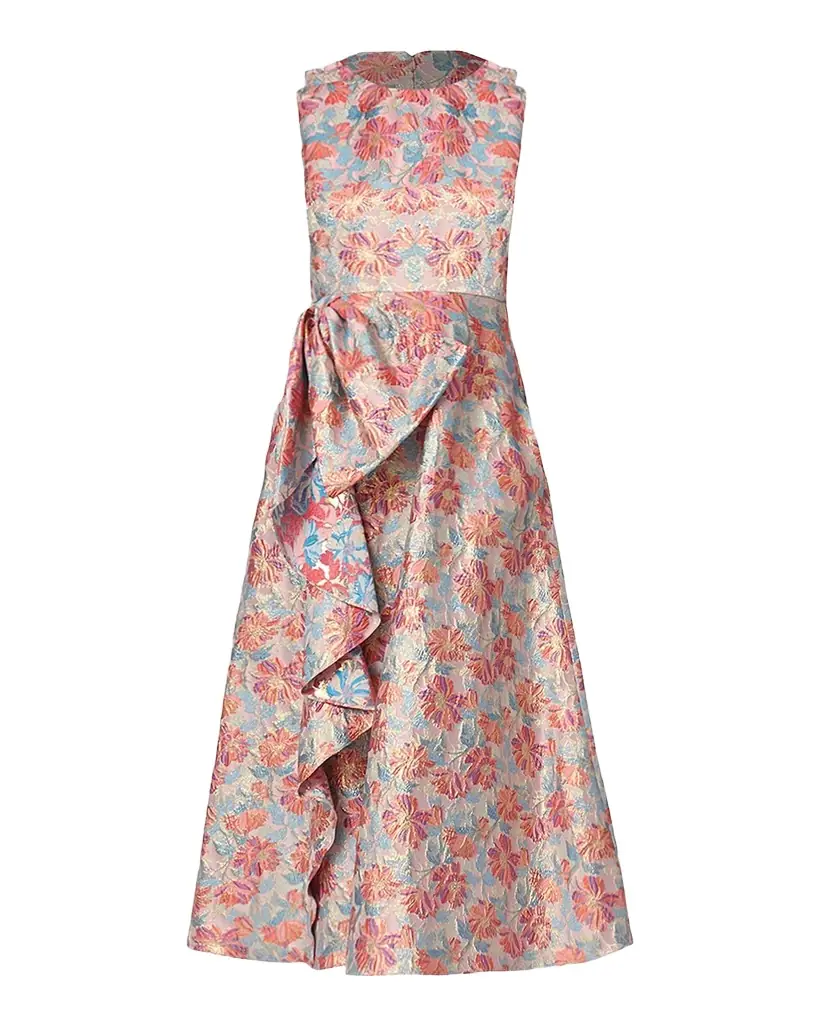 Shoshanna Lena Ruffle Metallic Floral Jacquard Midi Dress