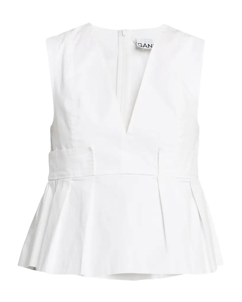 Ganni V-Neck Pleated Cotton Peplum Top