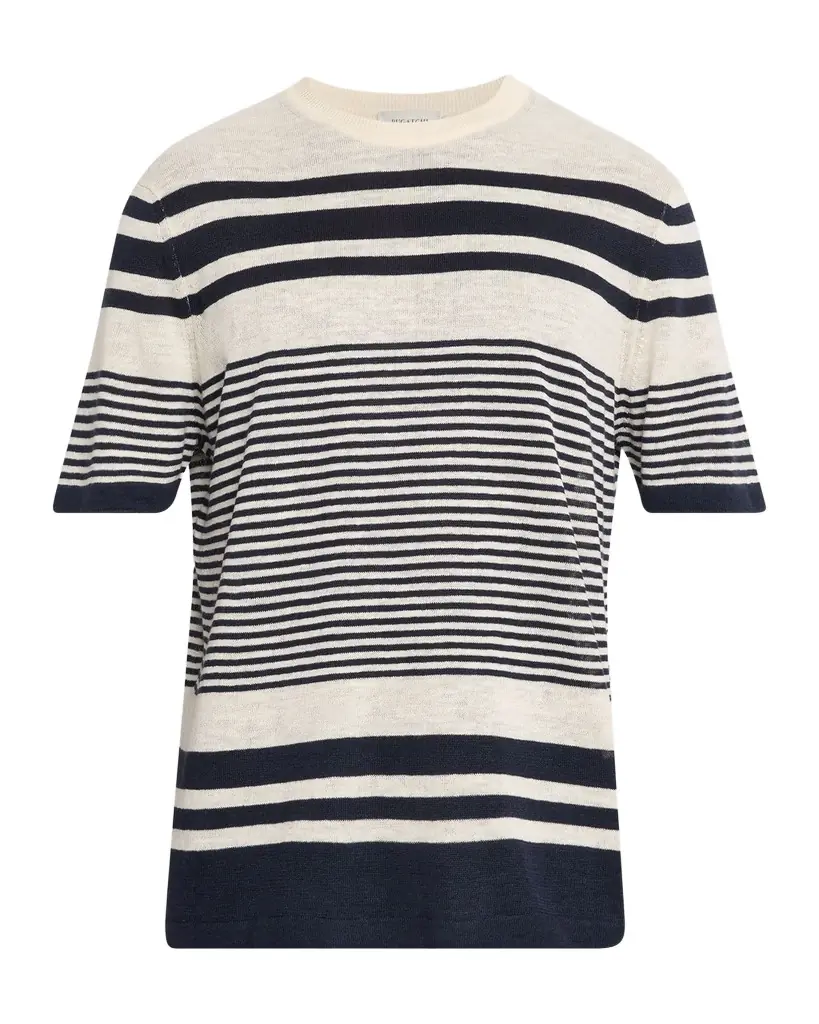 Bugatchi Men 's Linen and Cotton Knit Multi-Stripe Short-Sleeve Crewneck Sweater