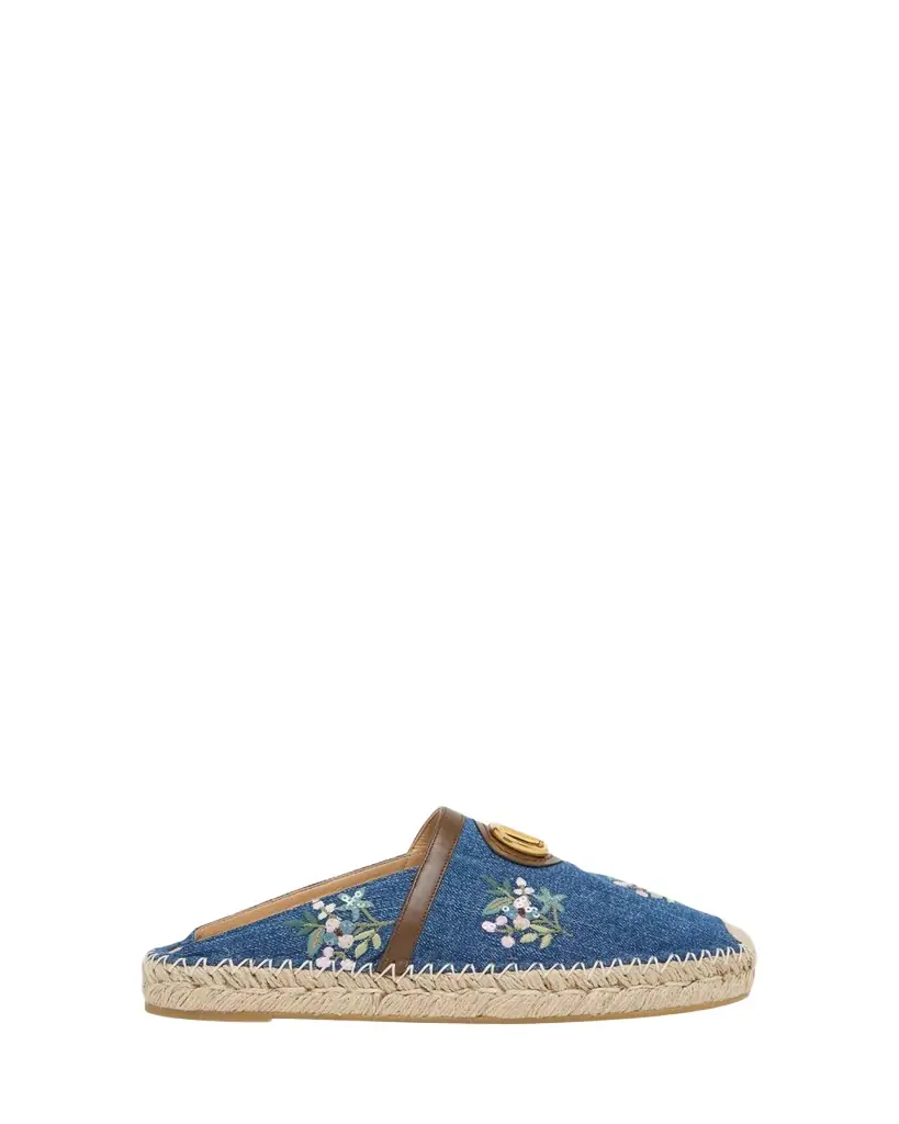 Valentino Garavani VLogo Floral-Embroidered Denim Espadrille Mules