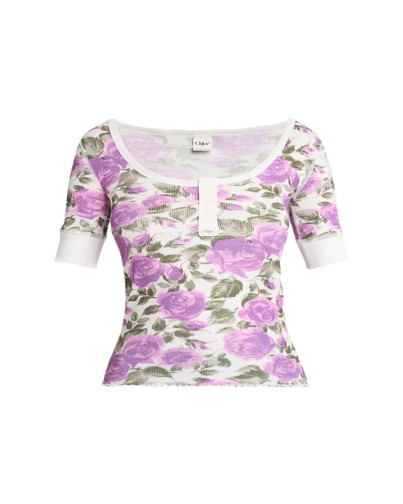 Chloe Floral Rib Short-Sleeve Henley Top