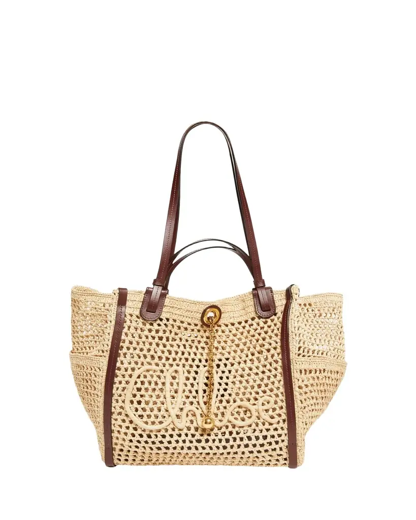 Chloe Logo Script Woven Raffia Tote Bag