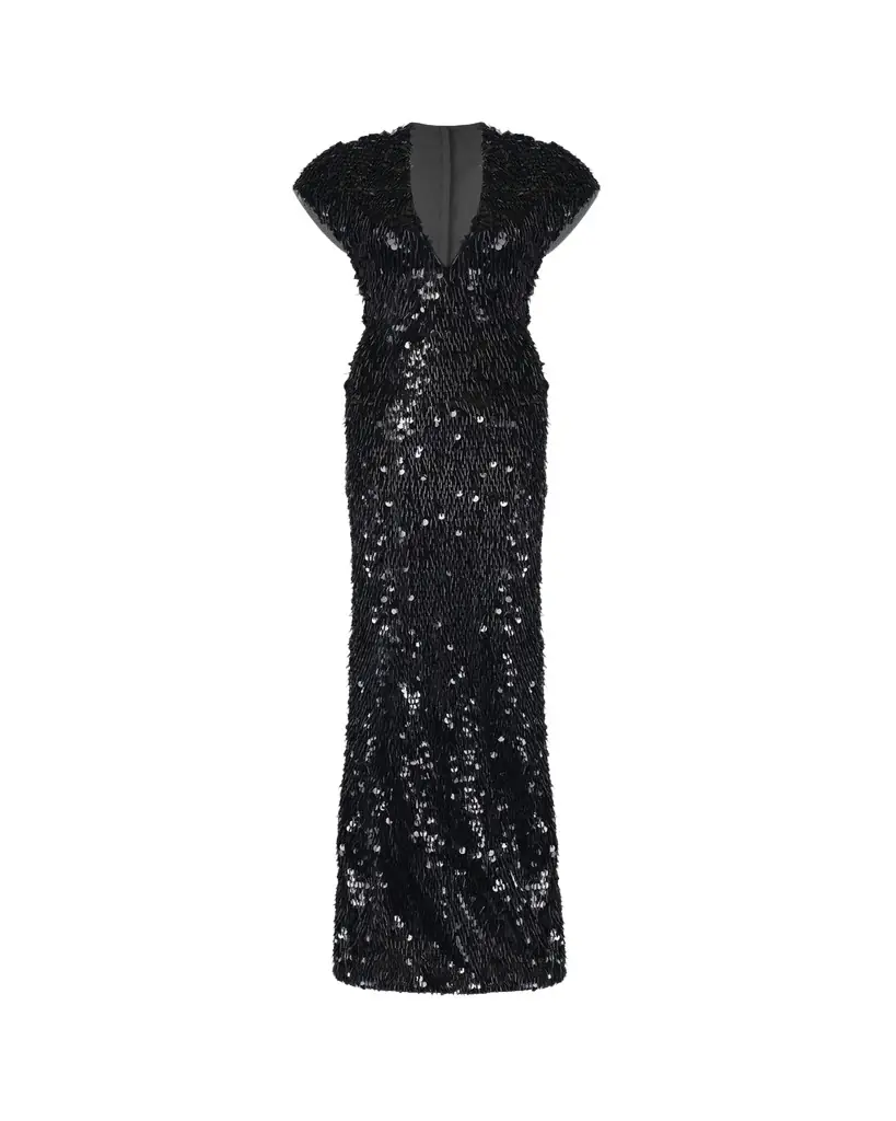 Gaurav Gupta Plunging Fringed Cap-Sleeve Column Gown