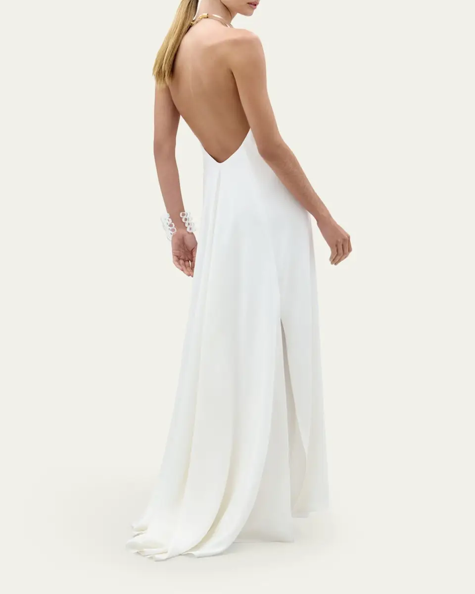 silvia tcherassi rowan gathered satin maxi dress Rowan Gathered Satin Plunging Halter Maxi Dress